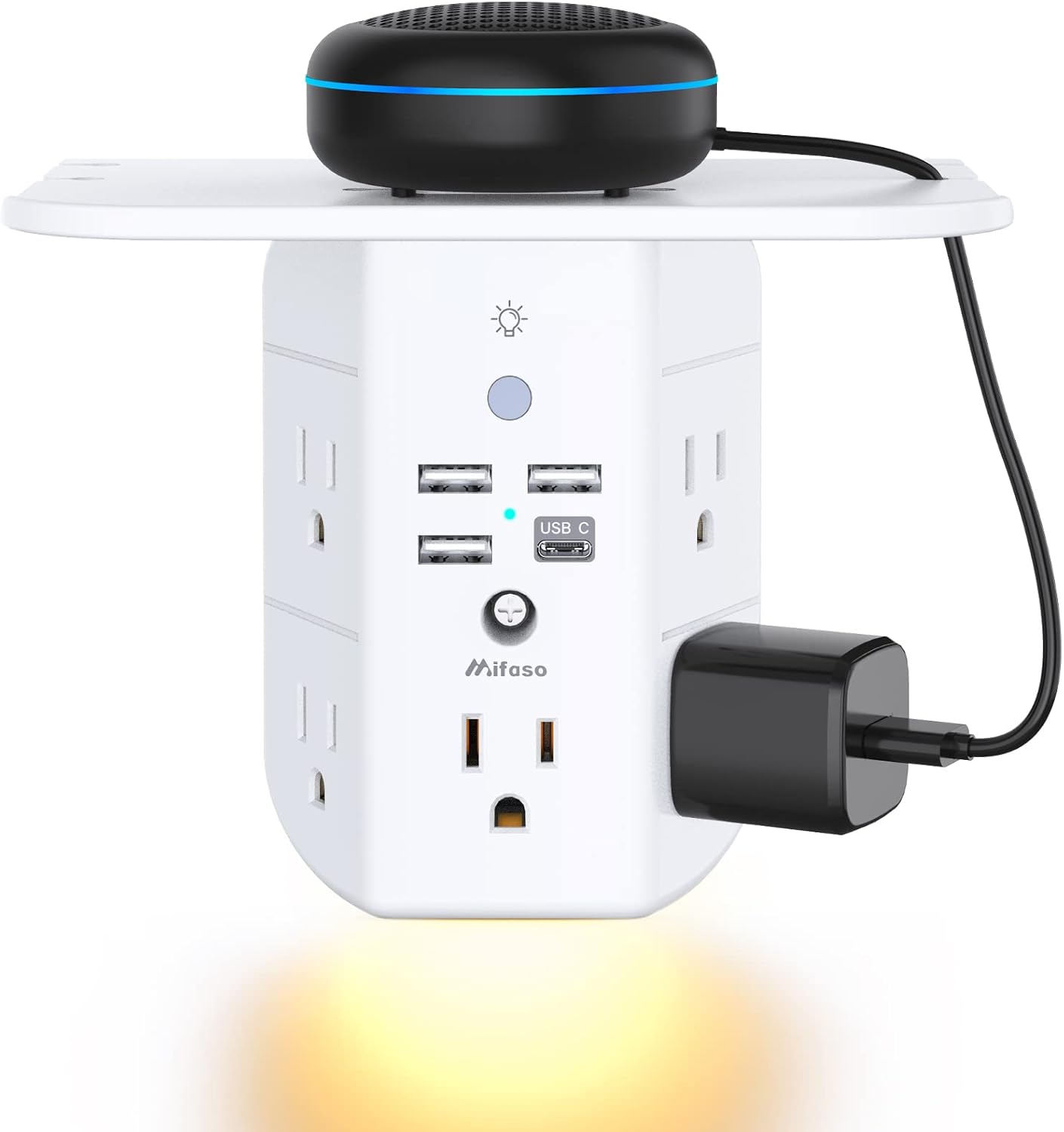 Mifaso 3-Sided Multi Plug Power Strip, Wall Extender with Shelf, Night Light & Surge Protector, USB Wall Charger with 5 AC Wide Space Outlets and 3 USB & 1 C Port, White