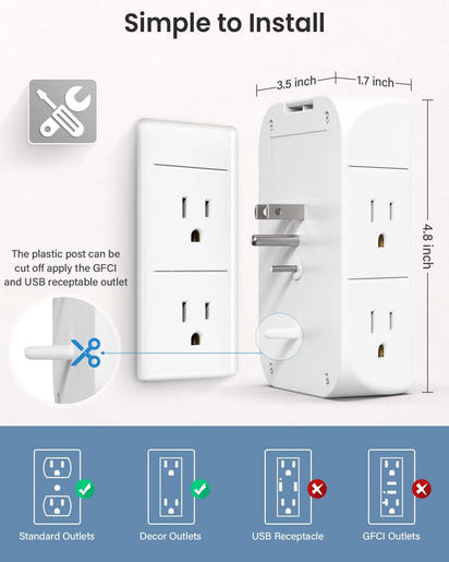 Mifaso 3-Sided Multi Plug Power Strip, Wall Extender with Shelf, Night Light & Surge Protector, USB Wall Charger with 5 AC Wide Space Outlets and 3 USB & 1 C Port, White