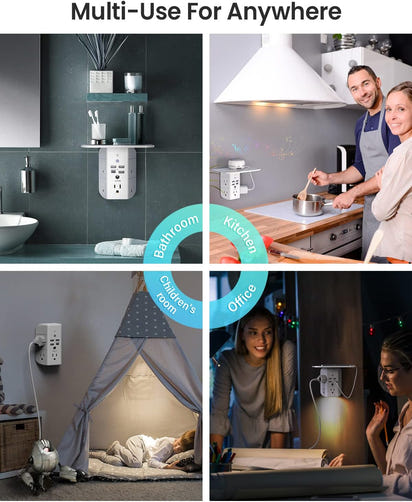 Mifaso 3-Sided Multi Plug Power Strip, Wall Extender with Shelf, Night Light & Surge Protector, USB Wall Charger with 5 AC Wide Space Outlets and 3 USB & 1 C Port, White