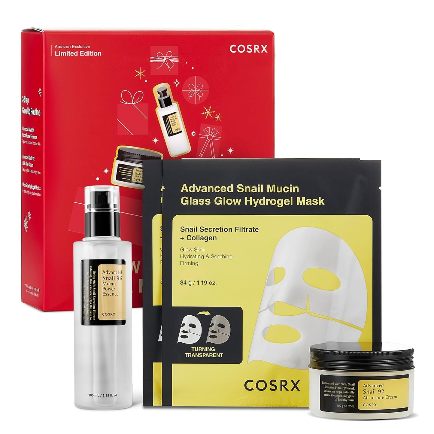 COSRX Snail Mucin Limited Holiday Gift Set with Snail Mucin Repairing Serum, Moisturizer & Collagen Face Mask, Korean Skin Care Set, Stocking stuffers, Gifts for Women, Amazon Exclusive